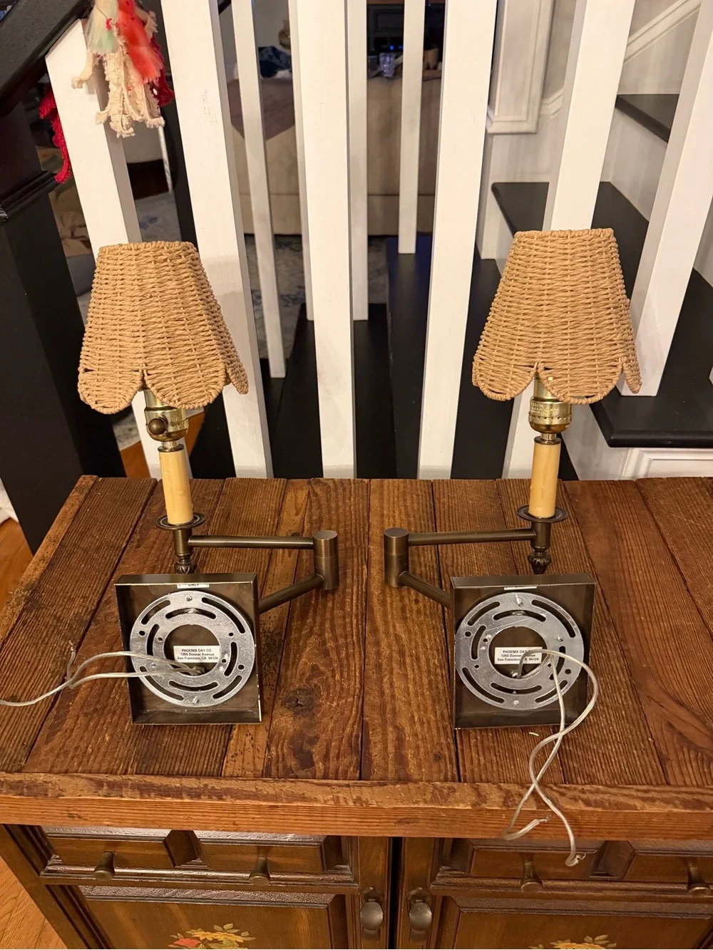 Pair of BOHO Wicker Shade Wall Sconces in Bronze-tone